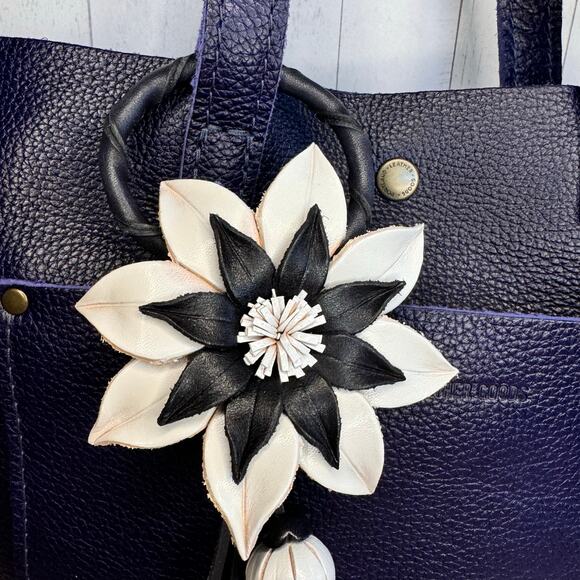 Black White Flower Purse Charm Genuine Leather Flower Bag Charm NEW FAST SHIP - Picture 3 of 7